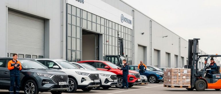 Современный логистический центр с китайскими автомобилями и погрузчиком