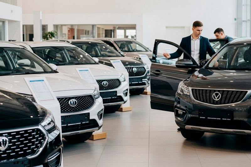 Китайские кроссоверы и седаны в автосалоне, показ моделей для бизнеса