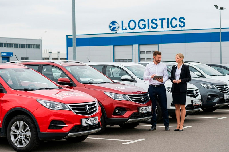 Автопарк китайских кроссоверов на парковке логистической компании, использование машин в доставке, применение китайских авто в логистике