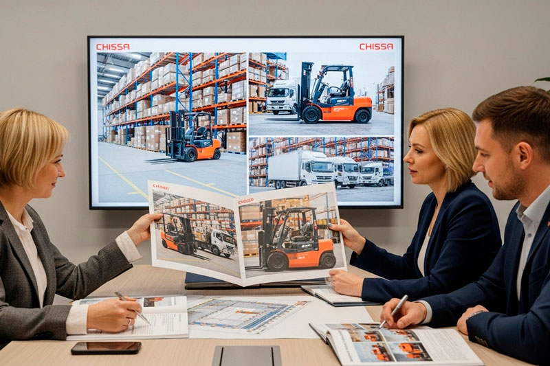 Сотрудники логистической компании обсуждают выбор китайских авто и погрузчиков на совещании, планирование автопарка, комплексный подход к выбору бренда из Китая